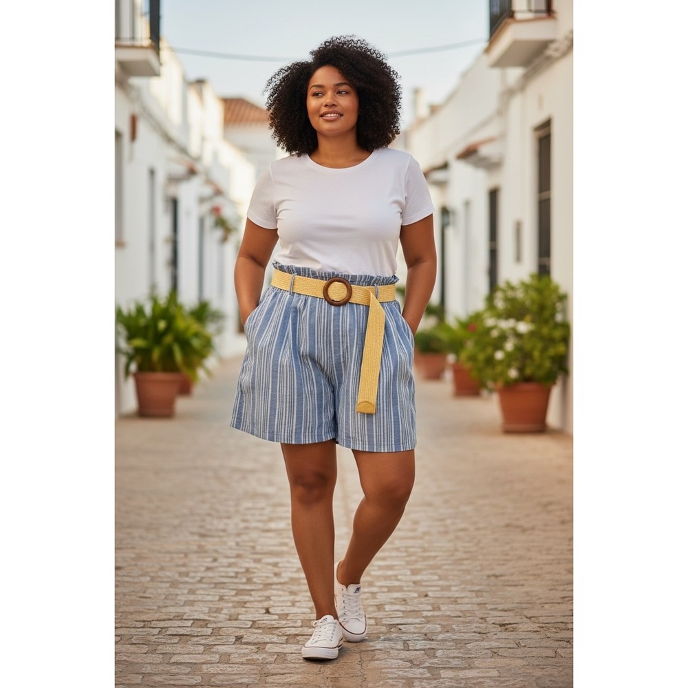No Comment Plus‎ Blue Striped Paperbag Shorts with Woven Belt 3X NEW